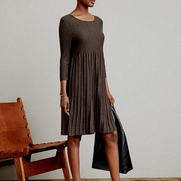 Eileen Fisher Women's Size Small Ribbed Pleated 100% Wool Midi Dress Black - Picture 3 of 11